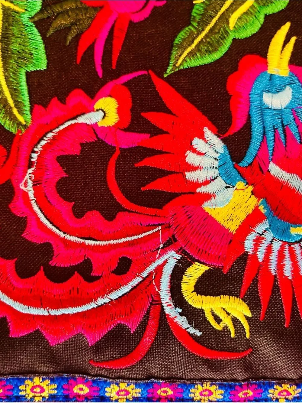 Boho Embroidered Floral & Bird Convertible Tote Backpack w/Pom Pom Tassels NWOT